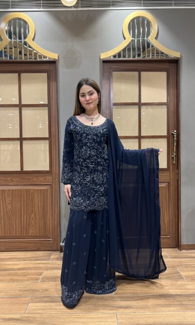 Midnight blue sharara suit set with dupatta