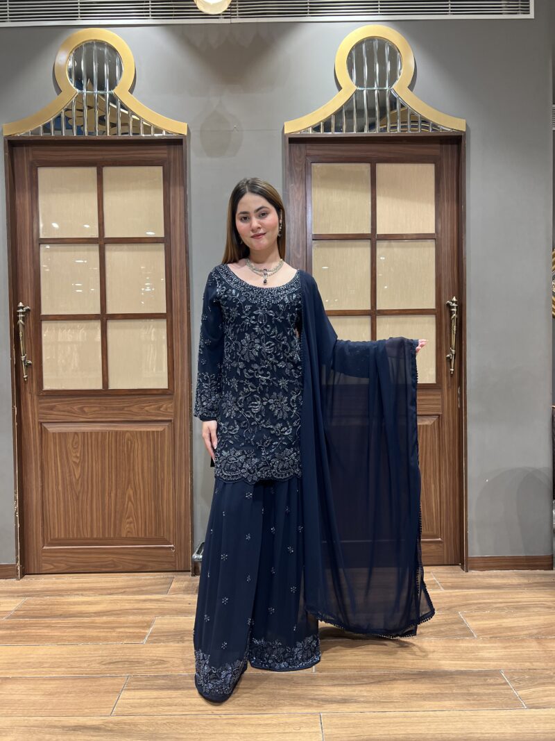 Midnight blue sharara suit set with dupatta