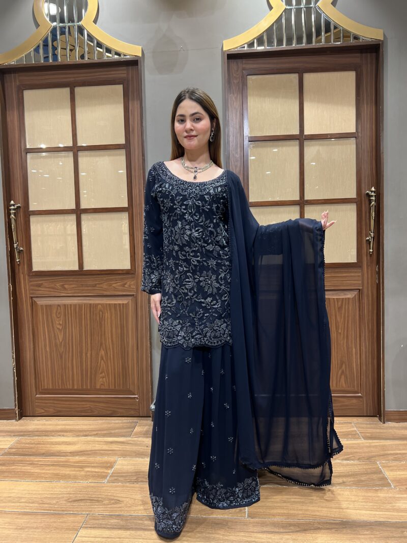Midnight blue sharara suit set with dupatta