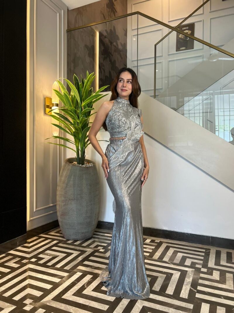 Embellished metallic grey drape ensemble