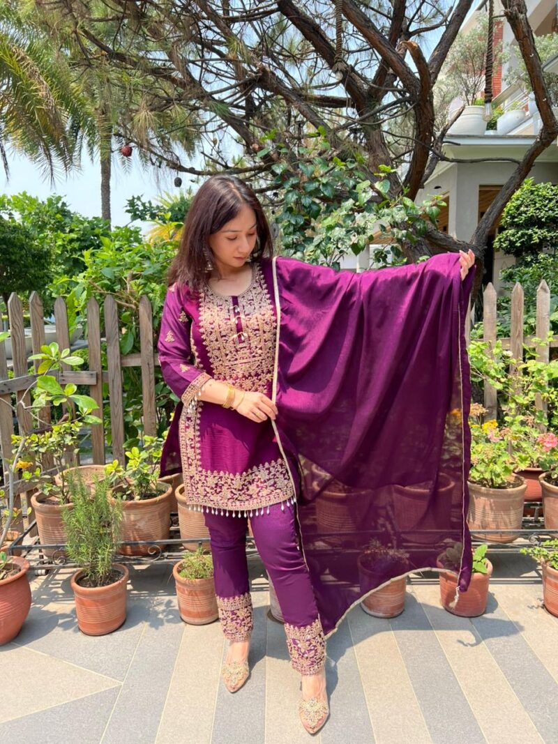 Plum embellished festive set with dupatta