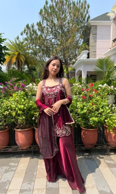 Ruby red veil sharara set with dupatta