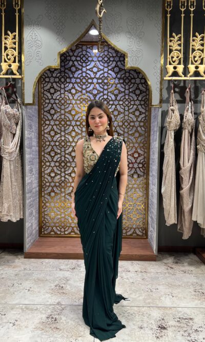 Green embellished elegent drape saree