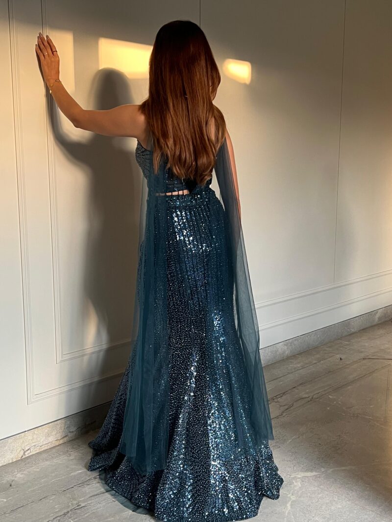 Electric blue fish cut embellished lehenga