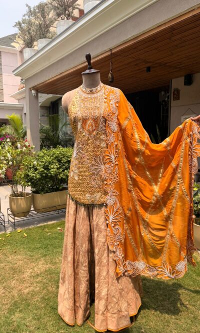Embroidered mustard sharara set with dupatta