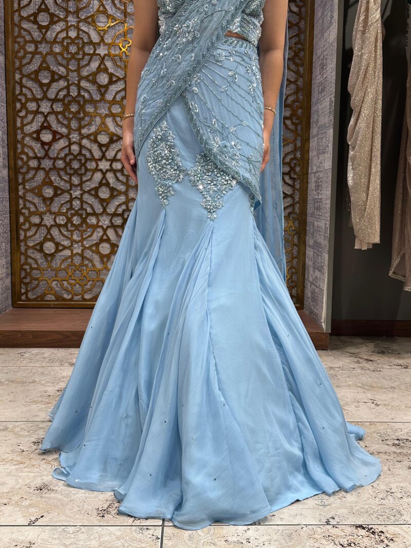 Celeste blue embellished drape saree