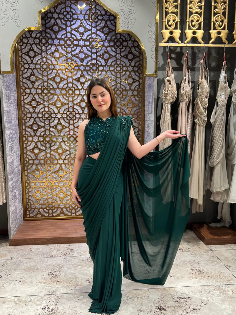 Royal green embellished drape saree