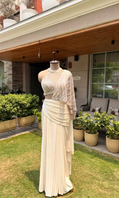 Pearl cascade drape saree
