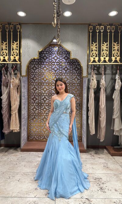 Celeste blue embellished drape saree