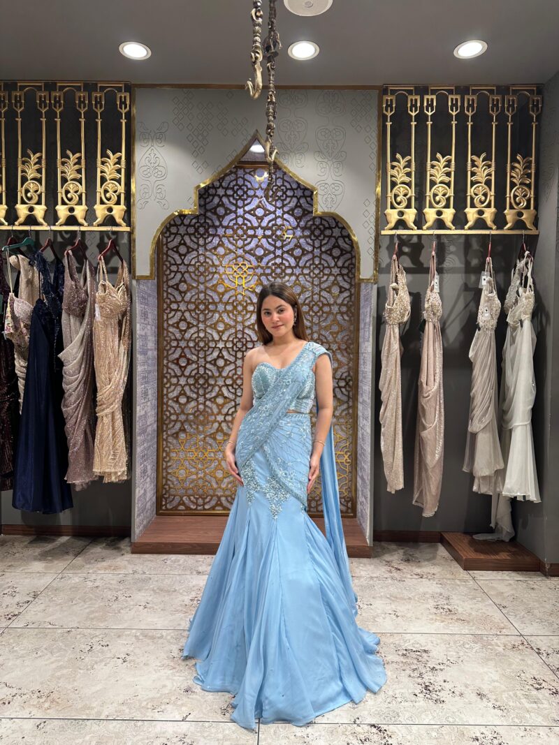 Celeste blue embellished drape saree