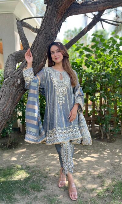 Dusty blue elegant dhoti suit set