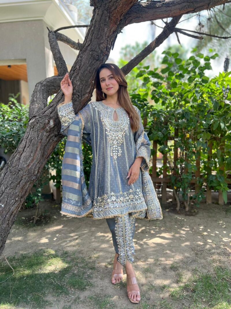 Dusty blue elegant dhoti suit set