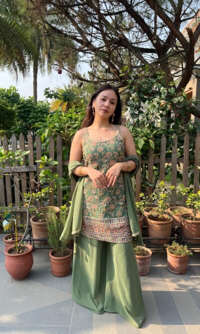 Olive embellished suit set with dupatta