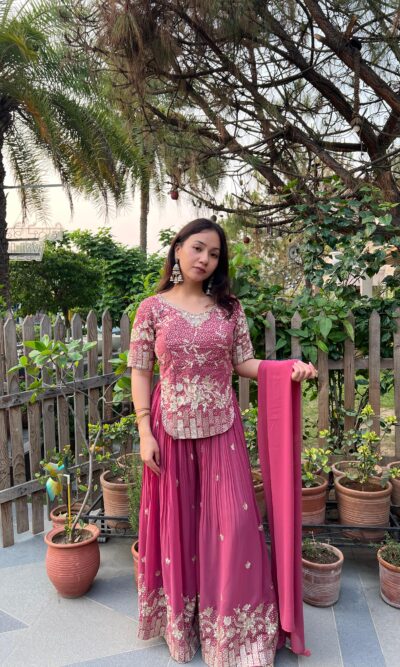 Dusty pink embellished sharara set with dupatta