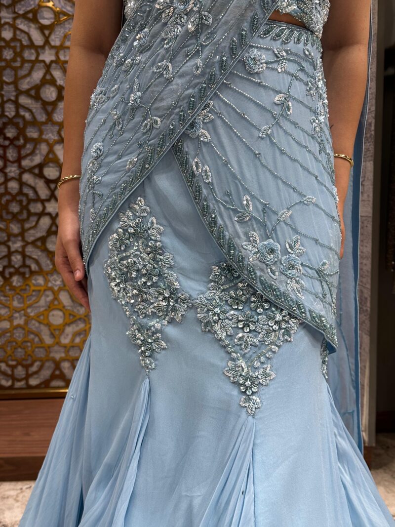Celeste blue embellished drape saree