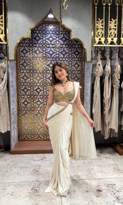 Pure ivory embellished drape saree