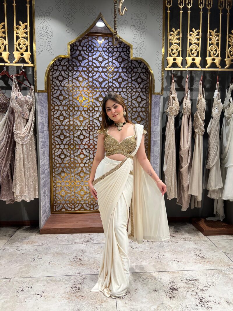 Pure ivory embellished drape saree