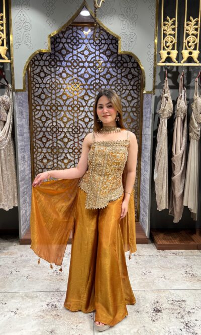 Rust golden sequinned sharara suit set