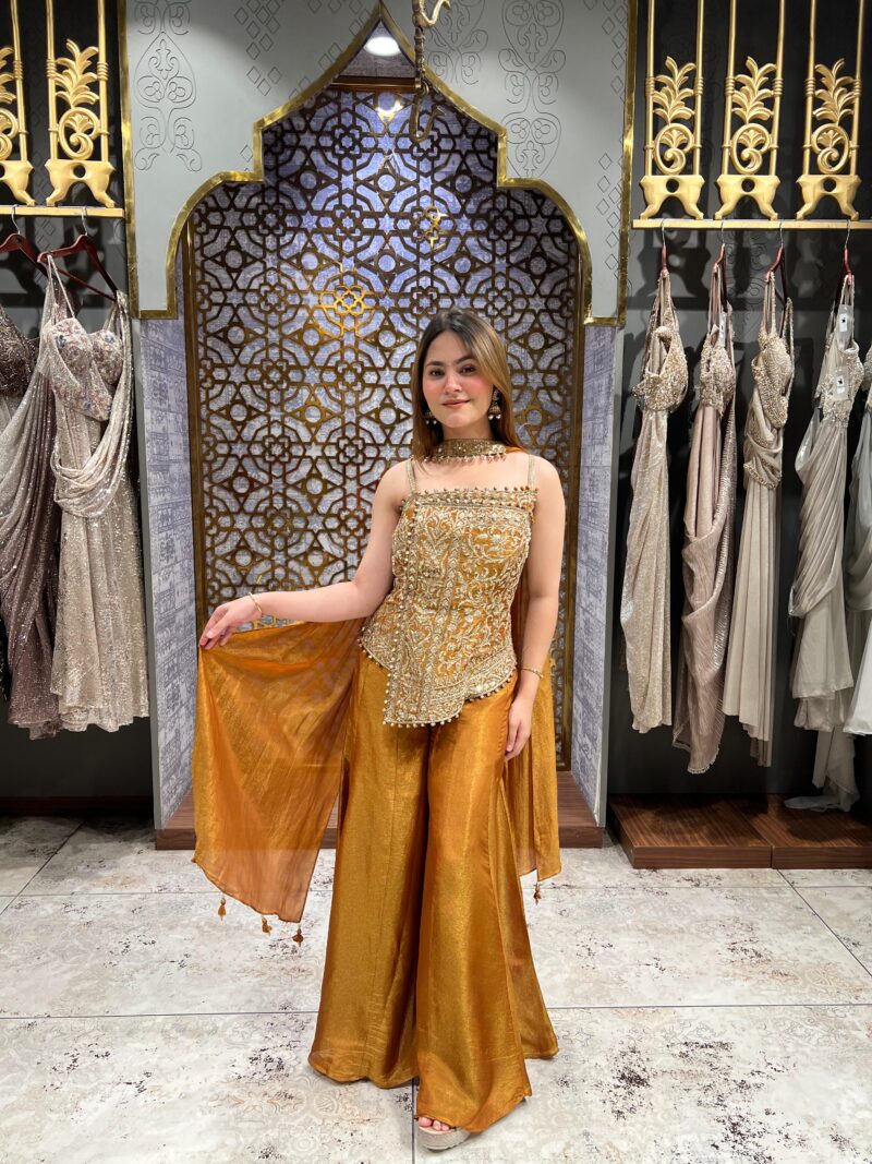 Rust golden sequinned sharara suit set