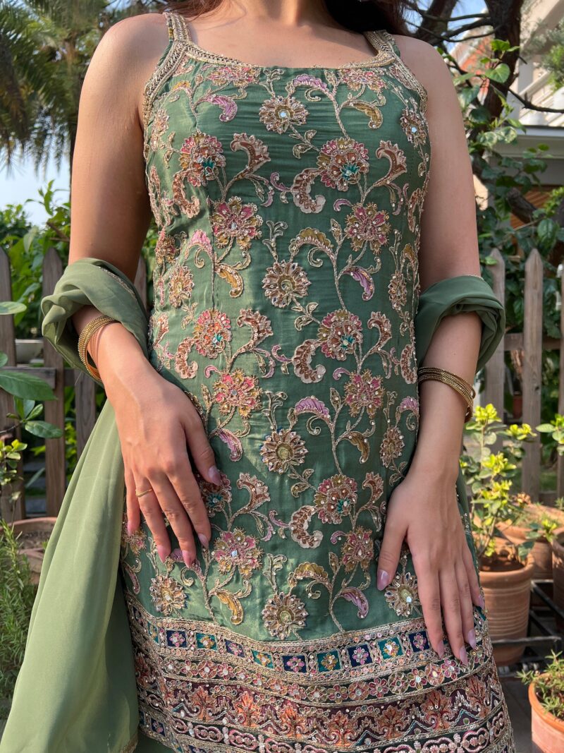 Olive embellished suit set with dupatta