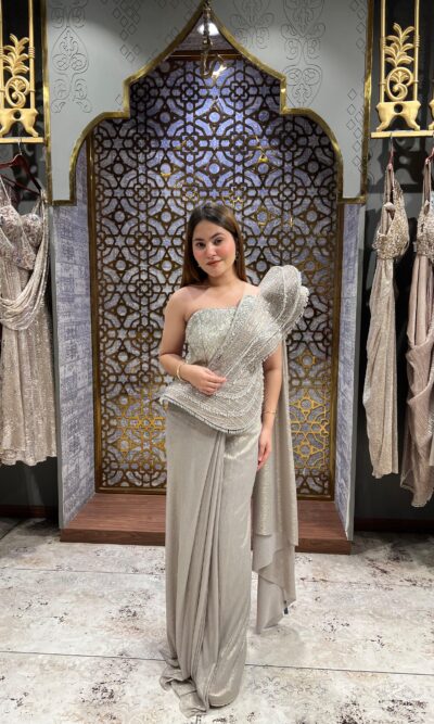Pearl embellished drape saree
