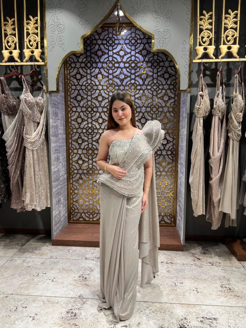 Pearl embellished drape saree