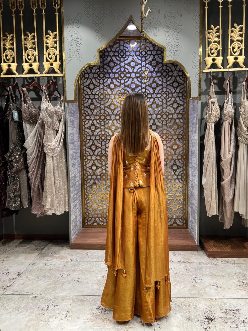 Rust golden sequinned sharara suit set