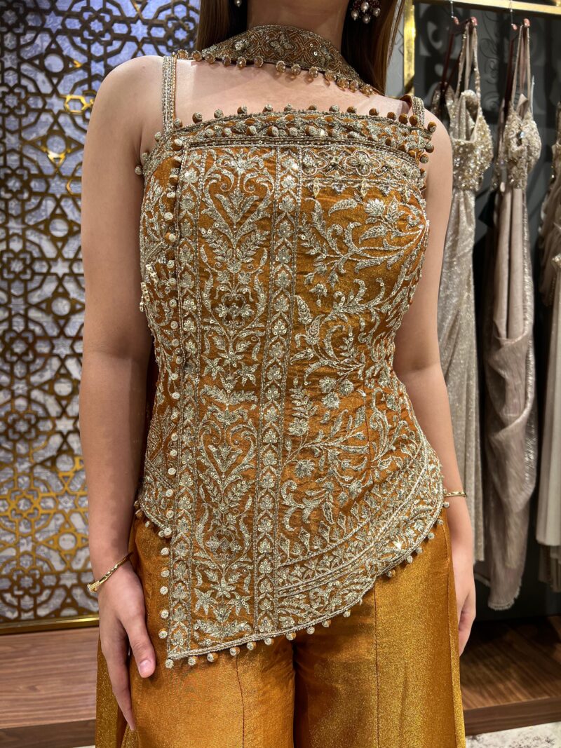 Rust golden sequinned sharara suit set