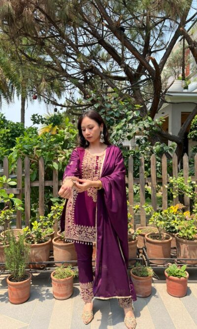 Plum embellished festive set with dupatta