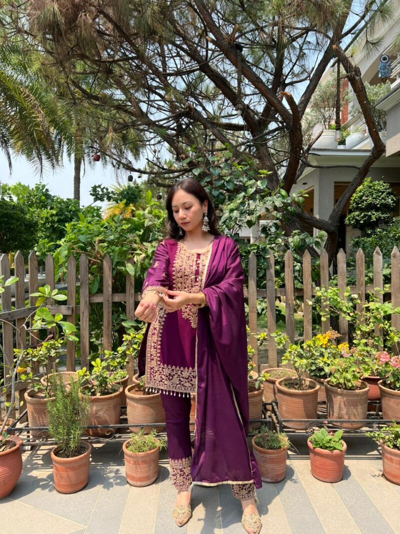 Plum embellished festive set with dupatta