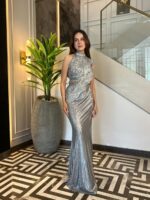 Embellished metallic grey drape ensemble
