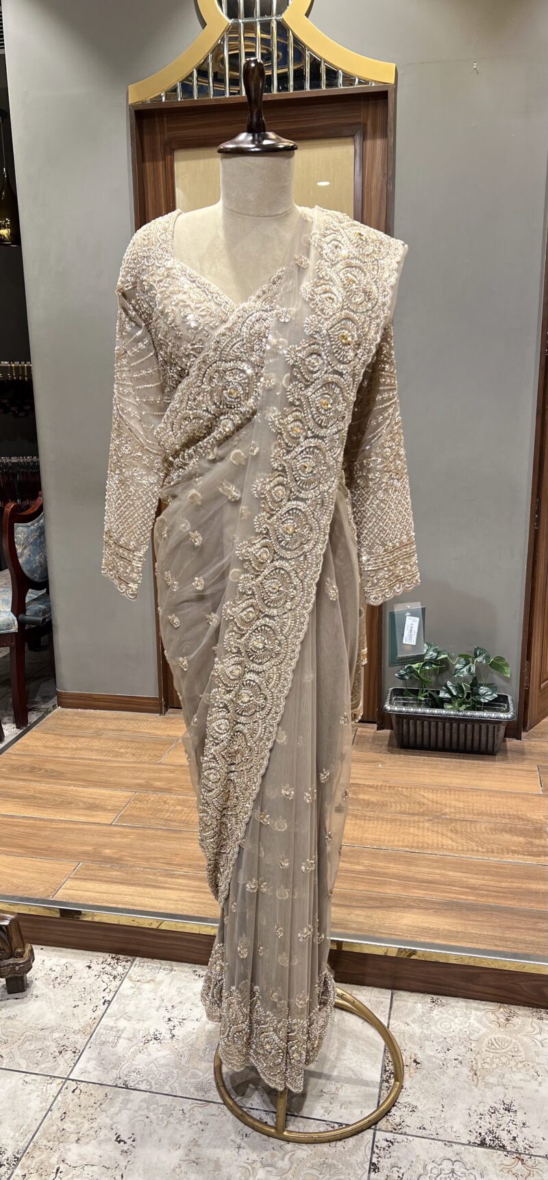 Champagne gold hand embroided saree